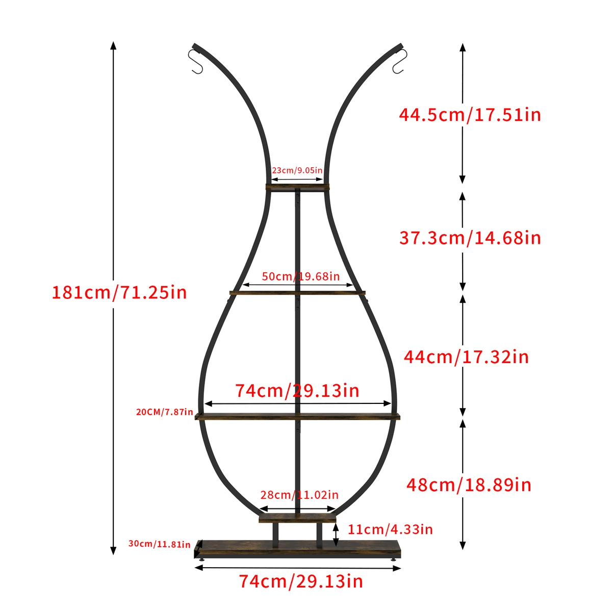 Vase Shape Tall Planter Display Rack Metal Garden Plant Stand with 5 Tiers and Hangers — view 2