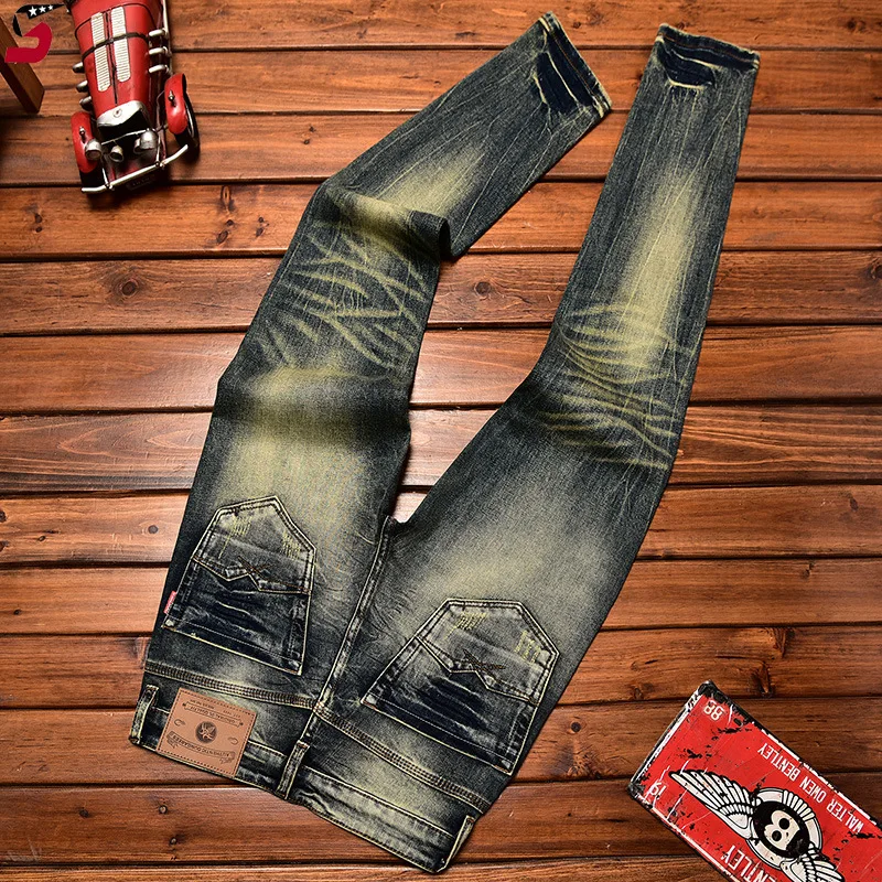 High-End Motorcycle Jeans Men's Autumn Washed-out Vintage Nostalgic Fall Slim Fit Straight Stretch Denim Long Pants 4