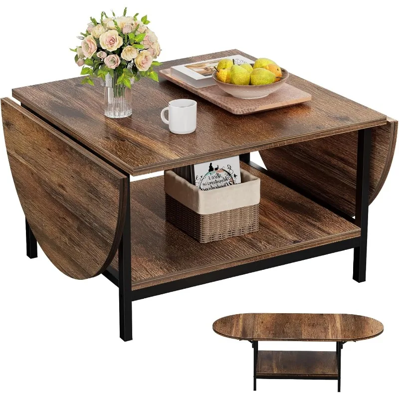 Coffee Table 2-Tier Small Folding Coffee Tables with Storage for Living Room Mid Century Center Table Vintage 2