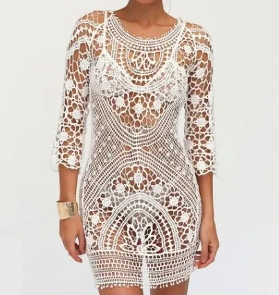 AYUALIN Sexy Backless Crochet Short Dresses Women Boho Beach Wear Bikini Cover Up Summer Dress Robe Femme Tunic Vestidos Coverup