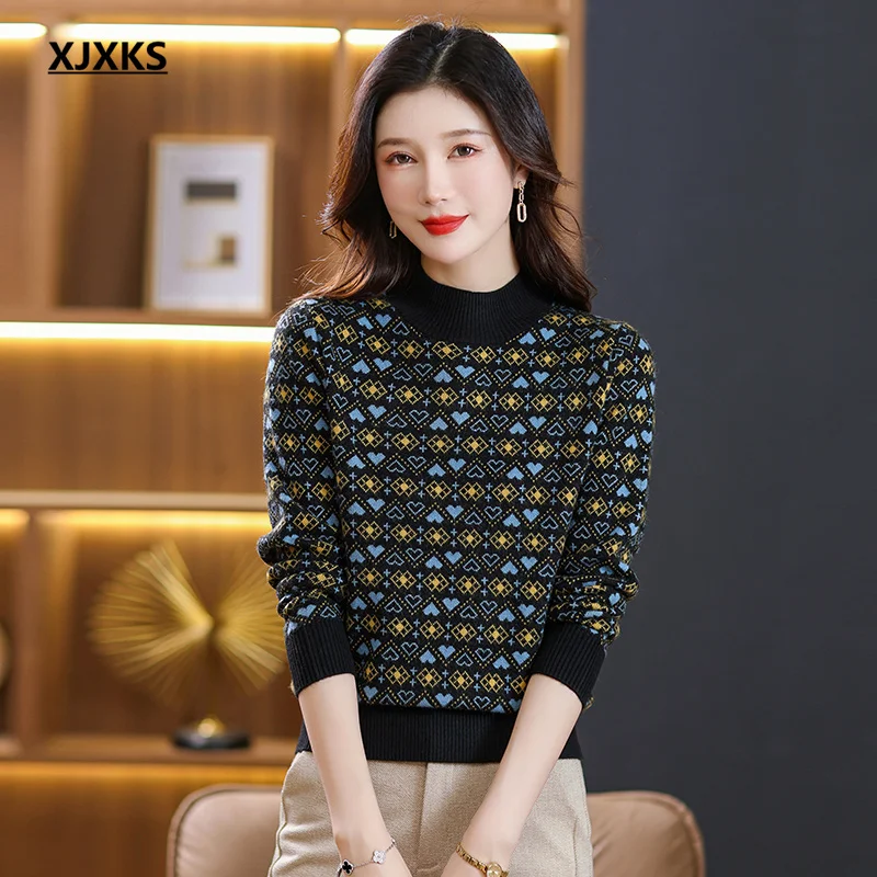 

XJXKS 2024 Winter New Women's Sweaters Jumpers Warm Cosy Wool Knit Pullover Tops Solid Colour All-match Knitwears