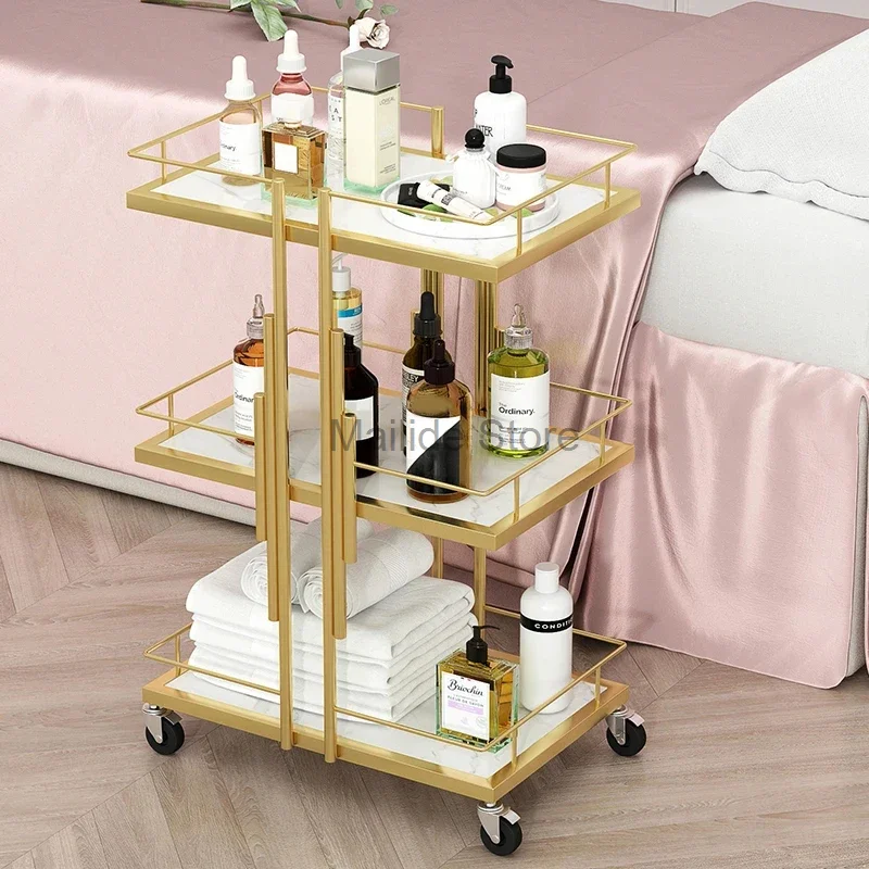 Light Luxury Iron Art Salon Trolleys Manicure Mobile Tool Trolley Modern Salon Furniture Simple Home Multi-layer Storage Rack