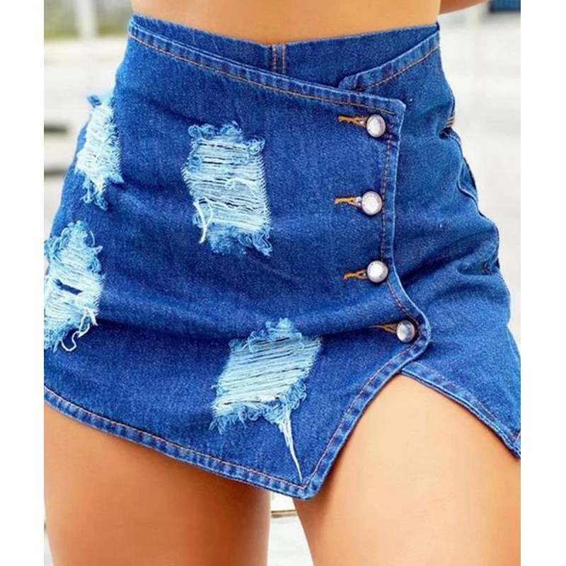 

Women Spring Summer High Waist Sexy Mini Skorts Solid Color Button Fly Ripped Denim Skorts