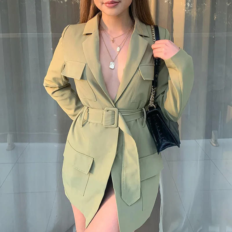 Free Belt Buttonless Solid Colors Slim Commute Blazer with Pocket Fashion 2022 Spring New Jacket Casual Office Blazers Women za