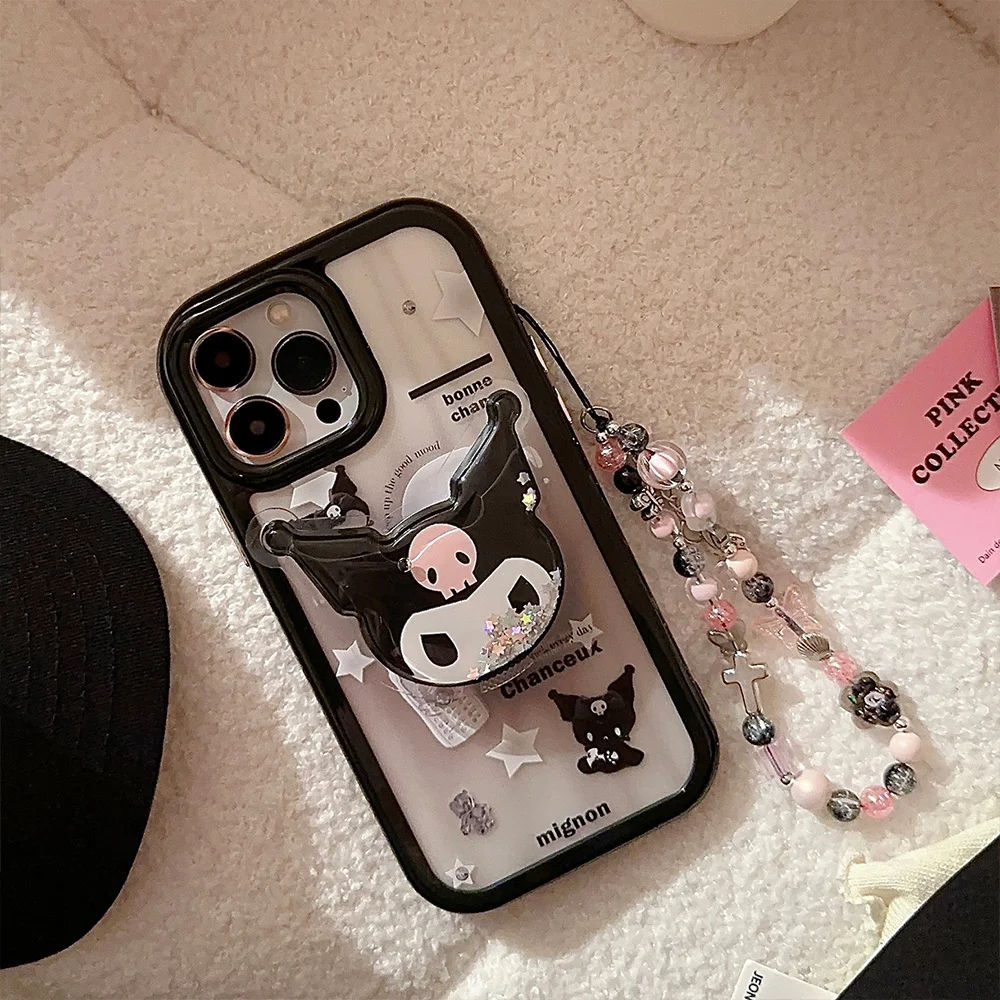 Cute Cartoon Anime Role Kulomi Bracket Phone Cases for IPhone 11 12 13 14 15 Pro Max Soft Anti-fall Protect Cover with Lanyard