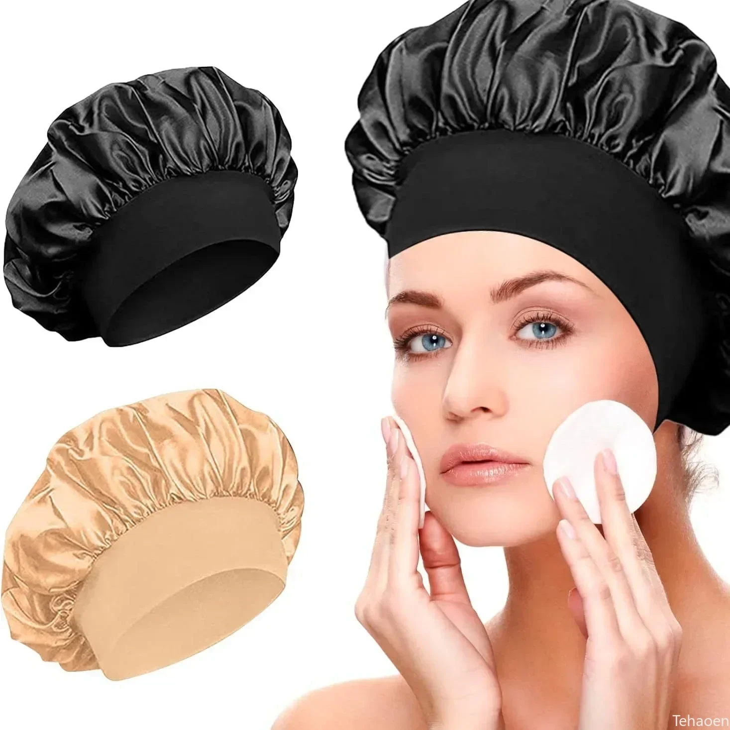 Women Night Sleep Hair Caps Silky Bonnet Satin Double Layer Adjust Head Cover Hat Shower Cap for Curly Hair Styling Accessories 3