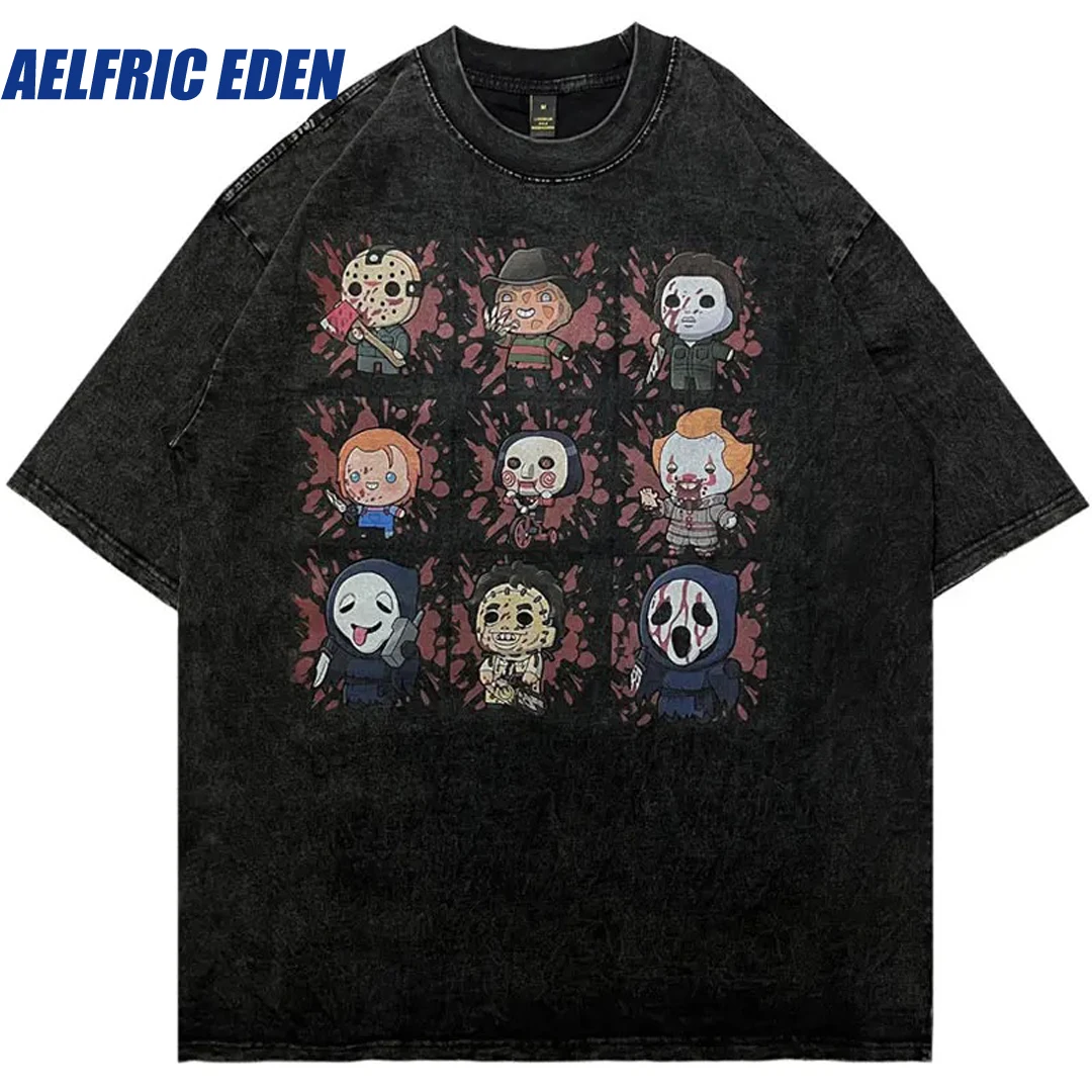 

Aelfric Eden Funny Cartoon Killers Graphic Print Punk Washed T Shirt Vintage Oversized Tshirt Harajuku Fashion Loose Tee Tops