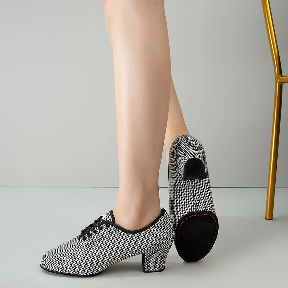 Women  Latin Ballroom Dance Shoes Medium High Heel Soft Sole Breathable Oxford Cloth Houndstooth Dance Shoes 2