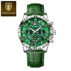 Luxury Men's Waterproof Luminous Chronograph Watch with High-Quality Leather Strap (973 Silver Green)