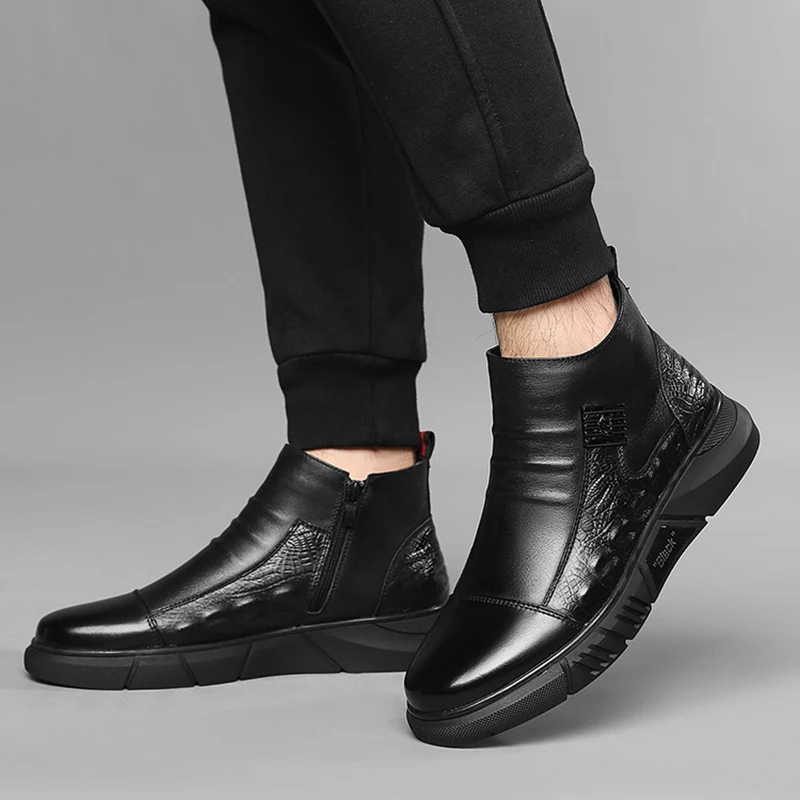 Winter Men Ankle Boots Crocodiles Pattern Fashion HighTop British Style Ninja Plush Cotton Shoes