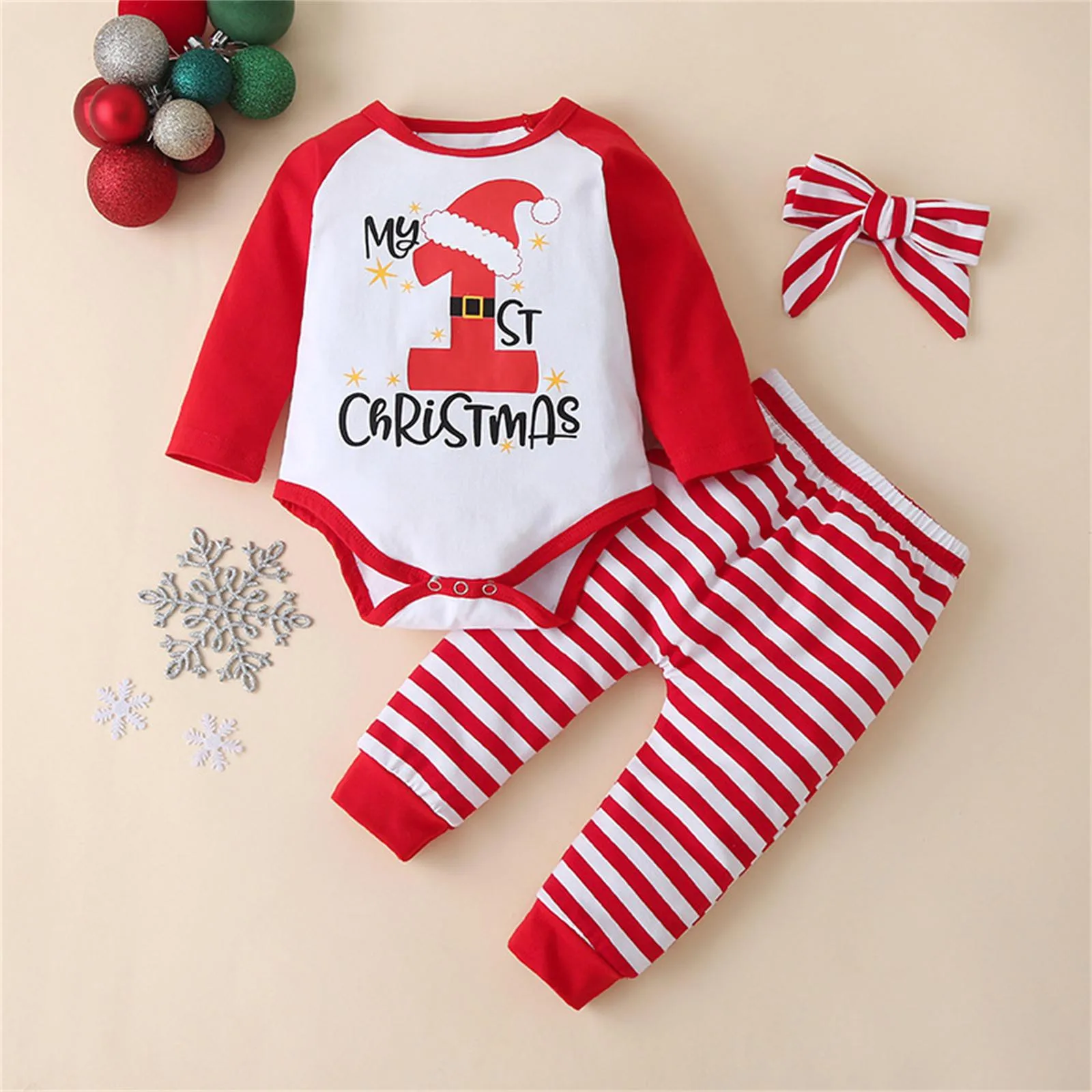 

Baby Christmas Costumes Winter Long Sleeved Jumpsuit Striped Printed Pants and Headband Three Piece Set Newborns Boys Home Wear