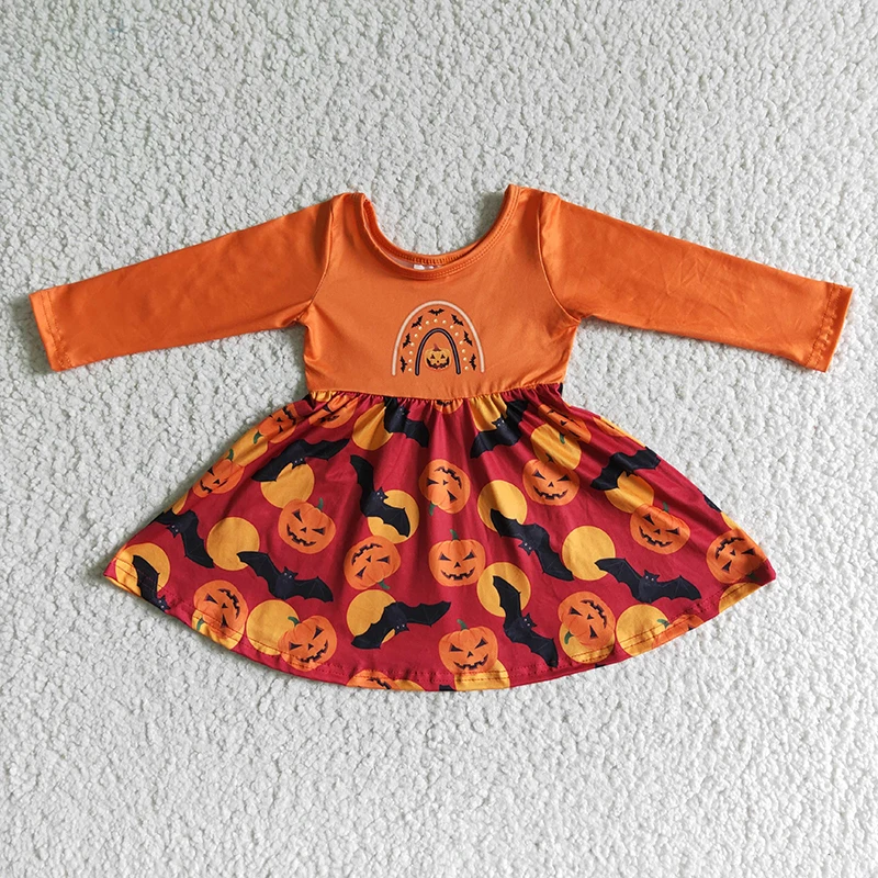 Wholesale Baby Girl Halloween Pumpkin Bats Twirl Dress Toddler Long