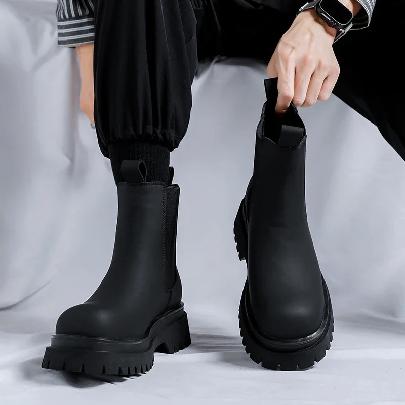 Platform High Top Boots Men High Heel Genuine Leather Ankle Chelsea Boots Men Punk Shoe Thick Bottom men chelsea boots men leather shoes