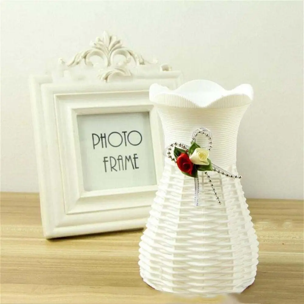 White Rattan-Style Decorative Flower Pot and Tray