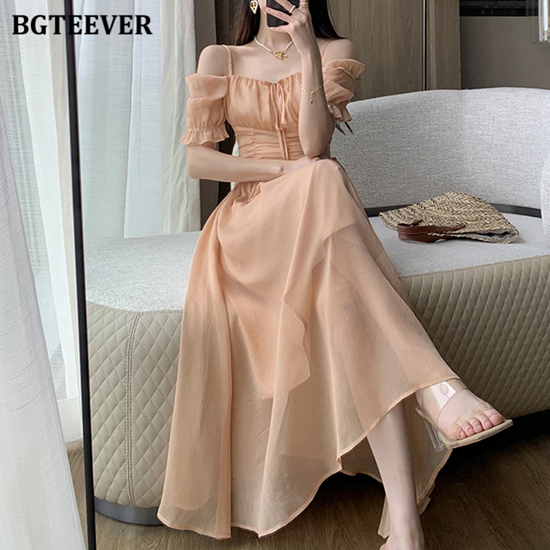 

BGTEEVER Elegant Chic Ladies Spaghetti Strap Mid-Length Dress Summer Casual Slim Waist Women Short Sleeve A-line Solid Dress