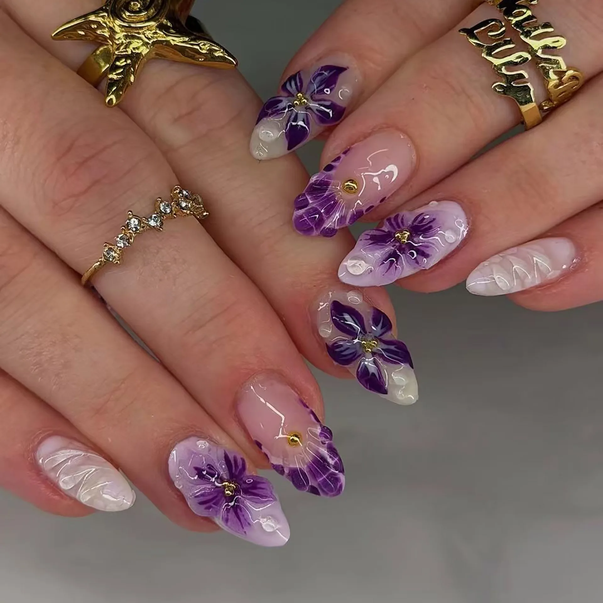 24PCS Pink Almond Press-On Nails with 3D Floral Design and Golden Pearl Accent