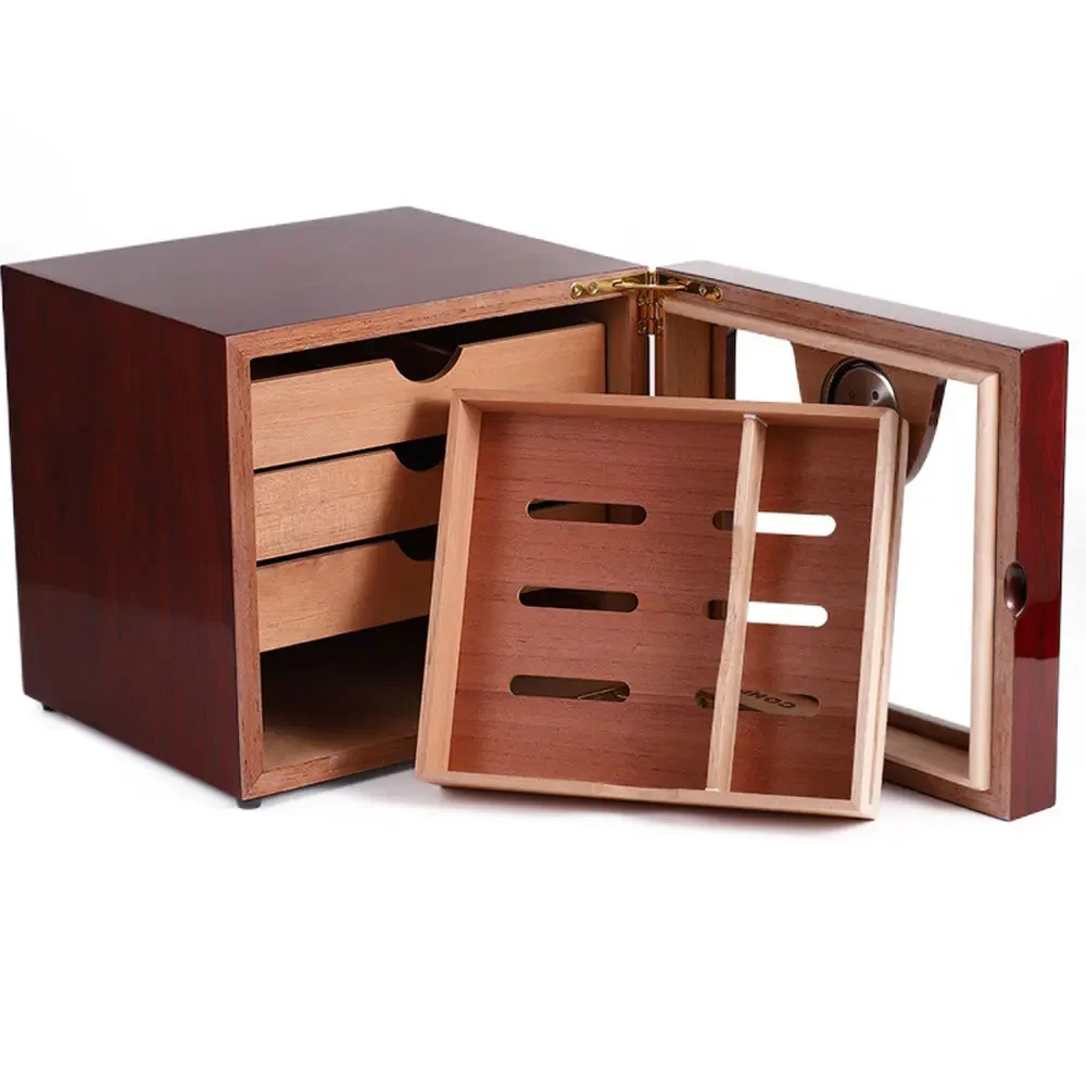 Luxury Cigar Cabinet Humidor Humidor Cedar Wood Lined 3 Layer Drawers Tempered Glass Door