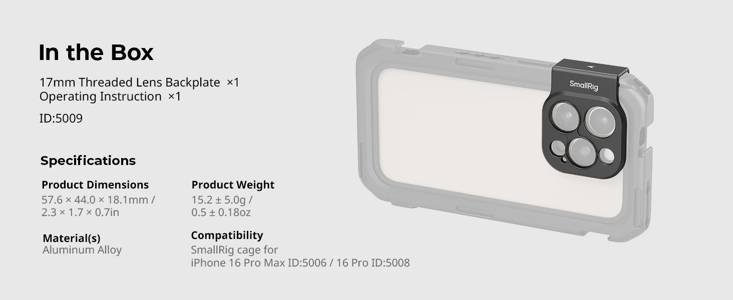17mm Threaded Lens Backplate for iPhone 16 Series Cage, Quick Release Phone Lens