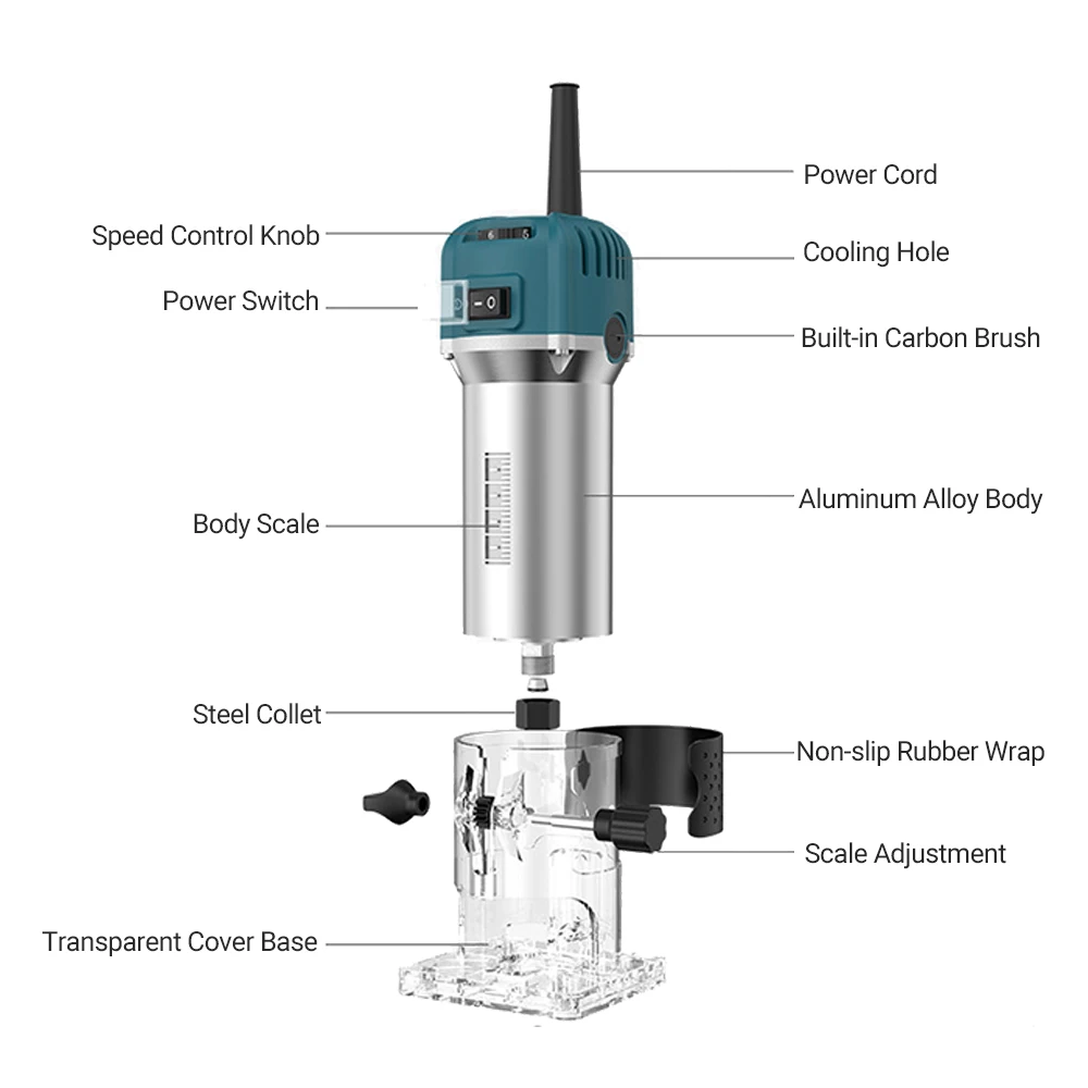 Compact Wood Router Tool Electric Hand Trimmer 6 Variable Speeds Woodworking Cutting Tool 33000RPM 15PCS Router Bits wood router