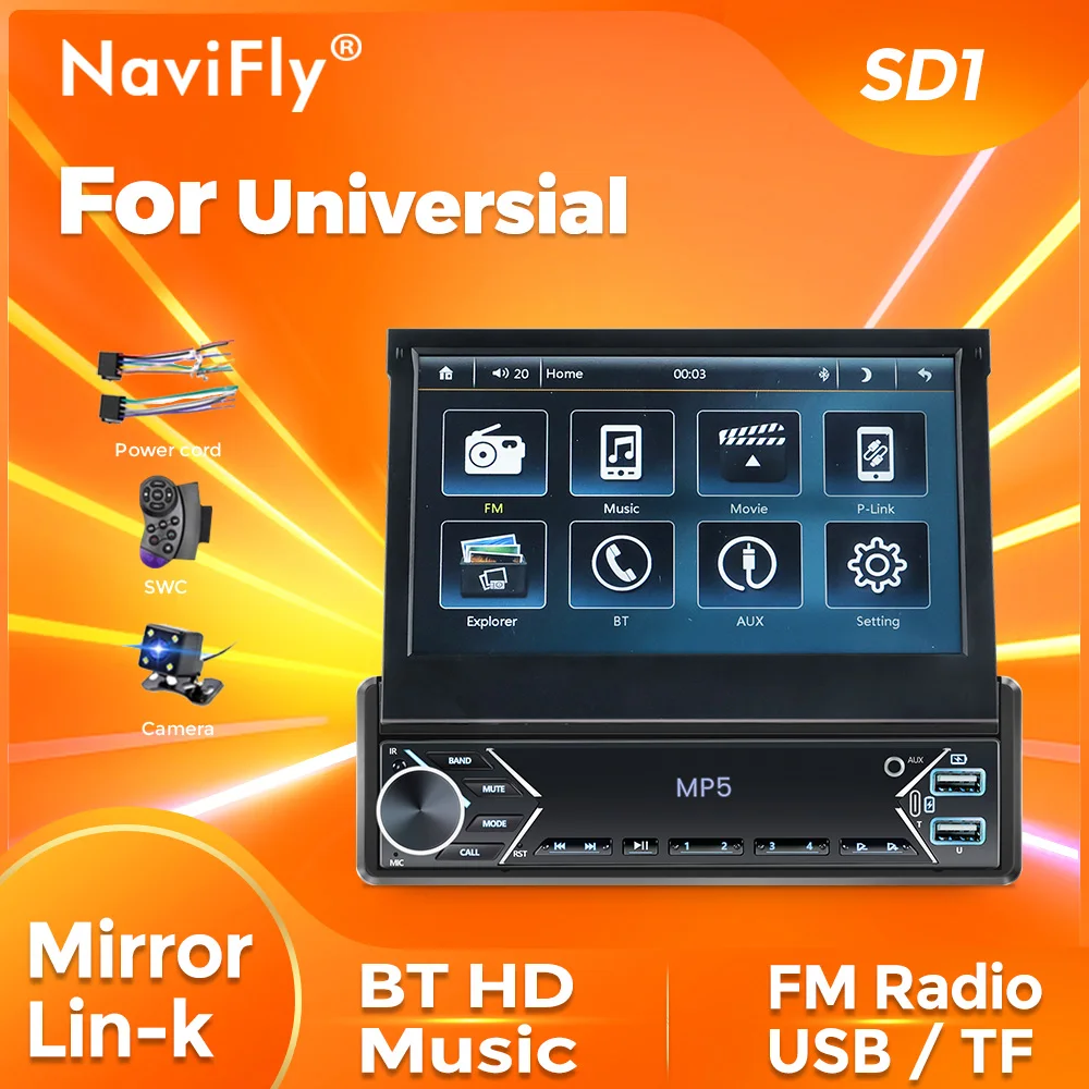 NaviFly 차량용 수동 개폐식 스크린, HD 이미지 디스플레이, 미러 링크, 후진 카메라, 스티어링 휠 제어, 범용 차량용 MP5