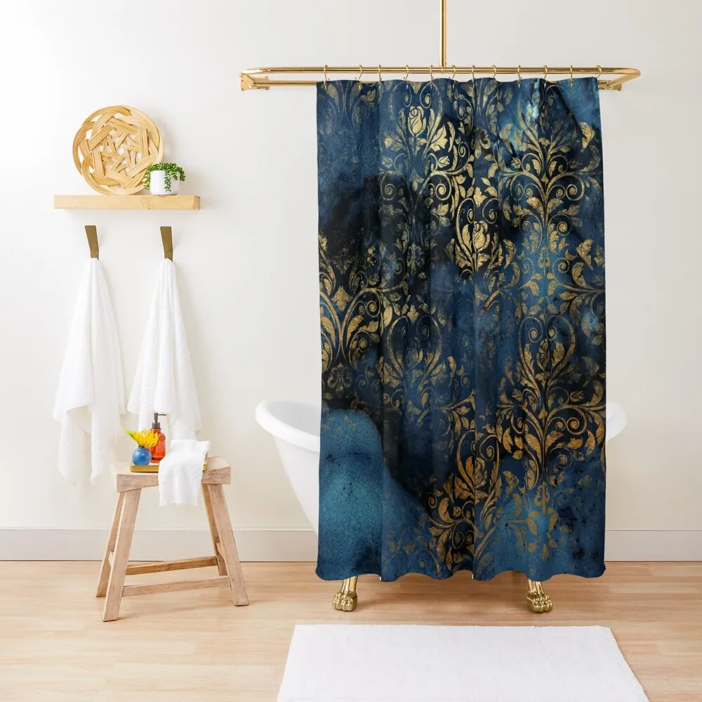 

Indigo Blue Shiny Gold DamaskShower Curtain Curtains For Bathroom Modern Showers For Bathroom