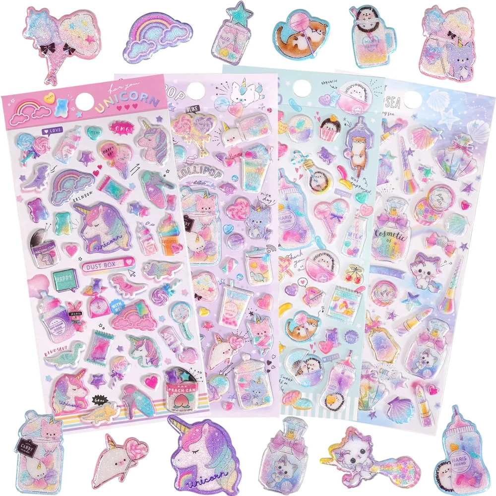 1 Sheet Cute Puffy Sticker with Unicorn,Rainbow,Hedgehogs for Kids, Glitter Kawaii Colorful 3D Stickers for Teens, Kawaii Gift plush unicorn diary with lock for kids cute padlock secret notebook student school a5 size stationery memo pads for girls gift