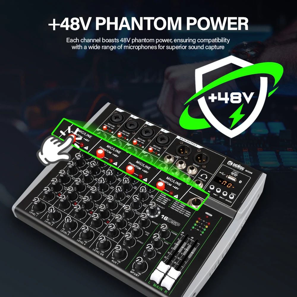 DGNOG MG06 프로페셔널 DJ 오디오 믹서 48V 팬텀 파워 16 DSP USB 블루투스 레코딩 믹싱 콘솔 무대 가라오케 스튜디오용