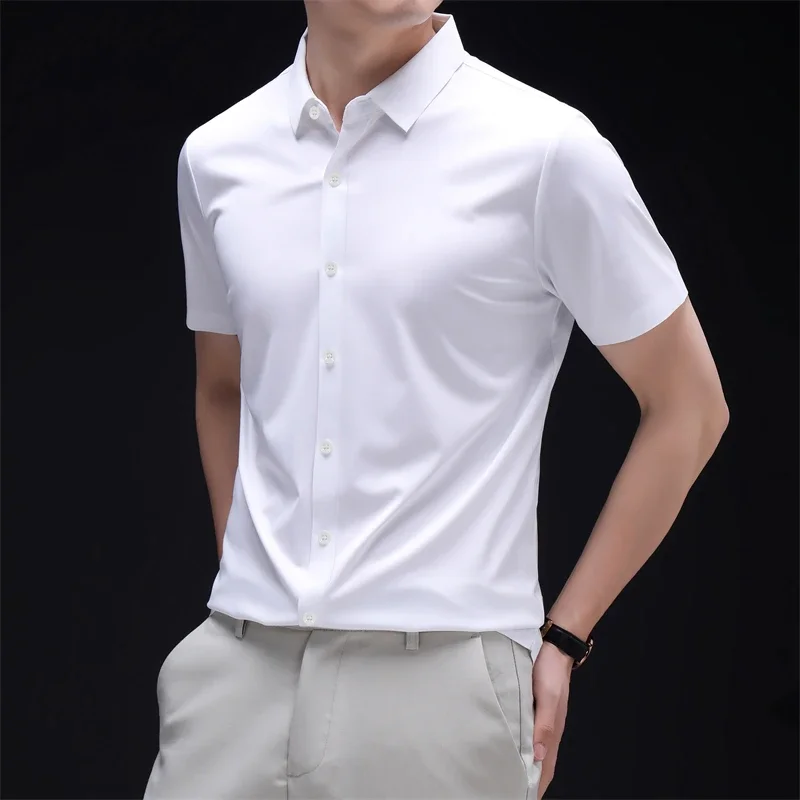 New Men's Business Casual Short Sleeved Solid Color Shirt Wrinkle Resistant Wrinkle Free Comfortable All Season Versatile Top 3