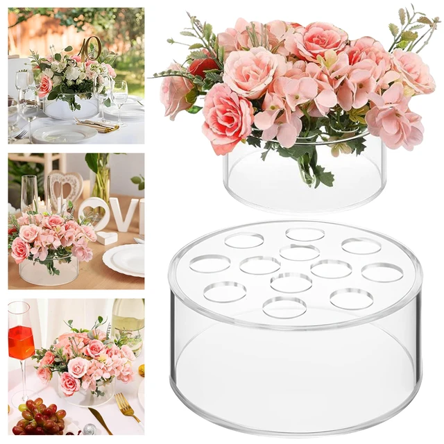 Clear Acrylic Flower Vase Circular Low Vase Leak-Proof Round Decorative Vase Multifunction 12 Holes for Home & Wedding Decor