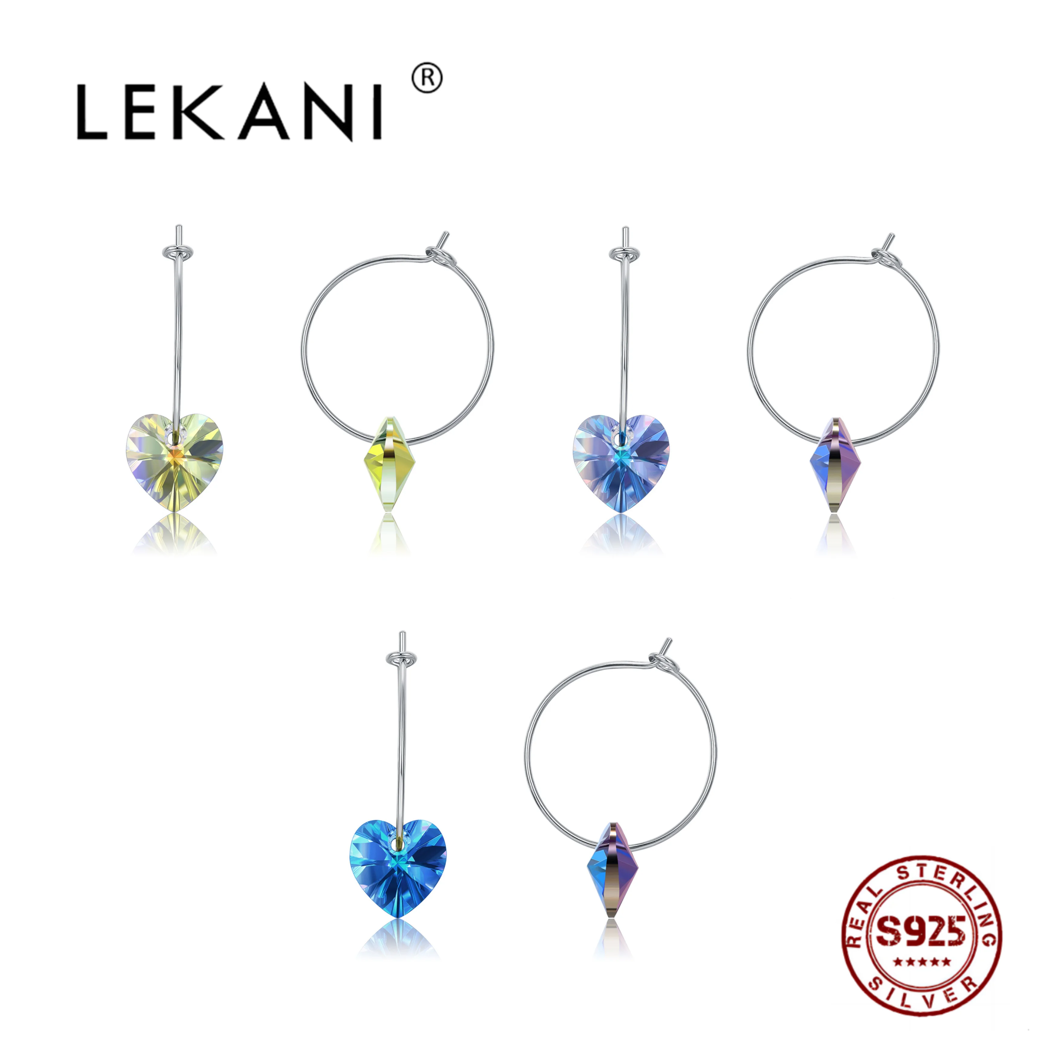 

LEKANI Real 925 Simple Heart Earrings For Women With Fine Stainless Steel Jewelry Fashion Party Multicolored Crystal
