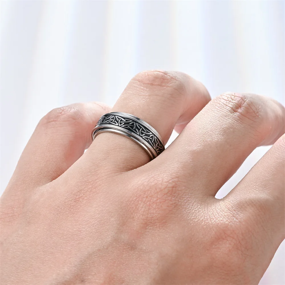 Stainless Steel Ring Finger Ring Fidget Spinner Ring Anti Stress Knuckle Viking Characters Enamel Spinning Rotating Anxiety Control Bague Homme
