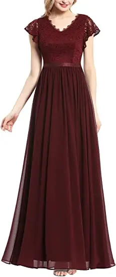 

Women's V Neck Formal Dress Maxi Lace Chiffon Long Bridesmaid Wedding Gown