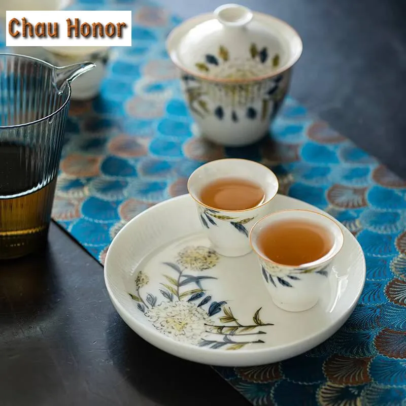 2pc/set White Porcelain Hand-painted Hydrangea Vertical Pattern Tea Cup Kung Fu Tea Set Master Cup Ceramic Trumpet Tea Cup 35ml