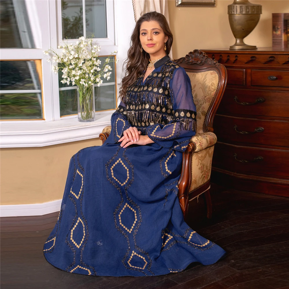 

Eid Mubarak Djellaba мусульманское Женское Платье макси с блестками бахрома абайя Рамадан Дубай модное вечернее платье Марокко Jalabiya кафтан Халат