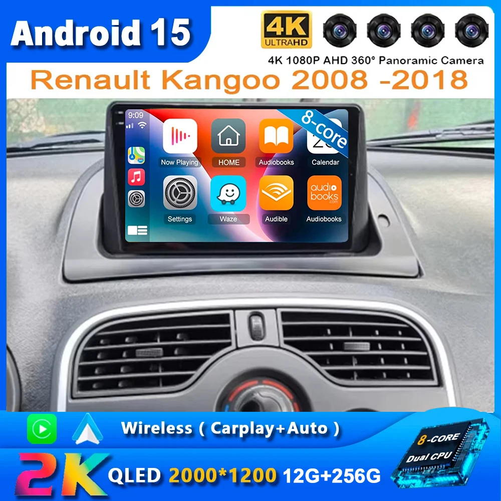 Para Renault Kangoo 2008 -2018 2 Din Android 15 Radio de coche reproductor Multimedia Carplay Autoradio estéreo GPS IPS 2K QLED 4G unidad principal 1