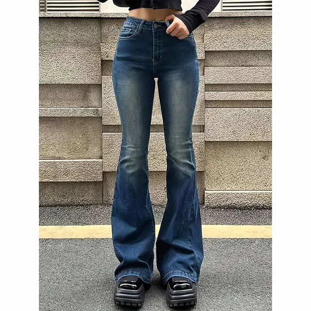 Jean évasé taille haute pour filles, pantalon en Denim extensible, coupe Bootcut, couleur unie, bas de cloche fin, 2025 2
