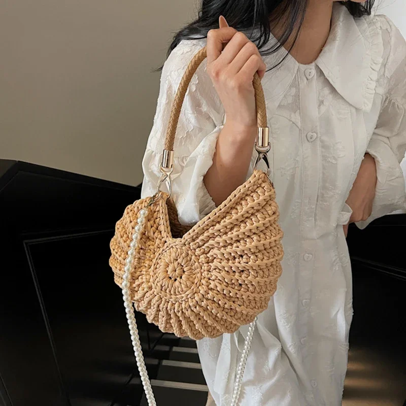 รูปสินค้า Conch Shellถักโครเชต์Crossbodyไหล่กระเป๋า,Pearl Chain Handmadeทอกระเป๋าผู้หญิง,Elegantที่ละเอียดอ่อนน่ารักกระเป๋าขนาดกะทัดรัด