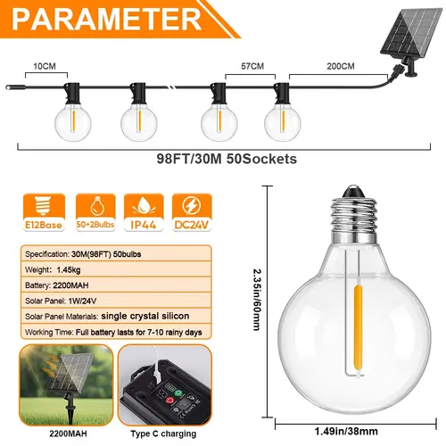 G40 Outdoor Solar String Light Garland LED Solar String Lights 24V Globe Waterproof Hanging Lights for Garden Backyard Cafe - Image 8