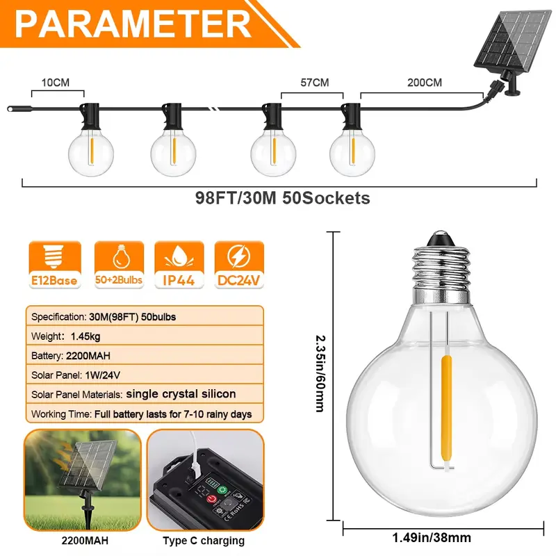 G40 Outdoor Solar String Light Garland LED Solar String Lights 24V Globe Waterproof Hanging Lights for Garden Backyard Cafe - Image 8