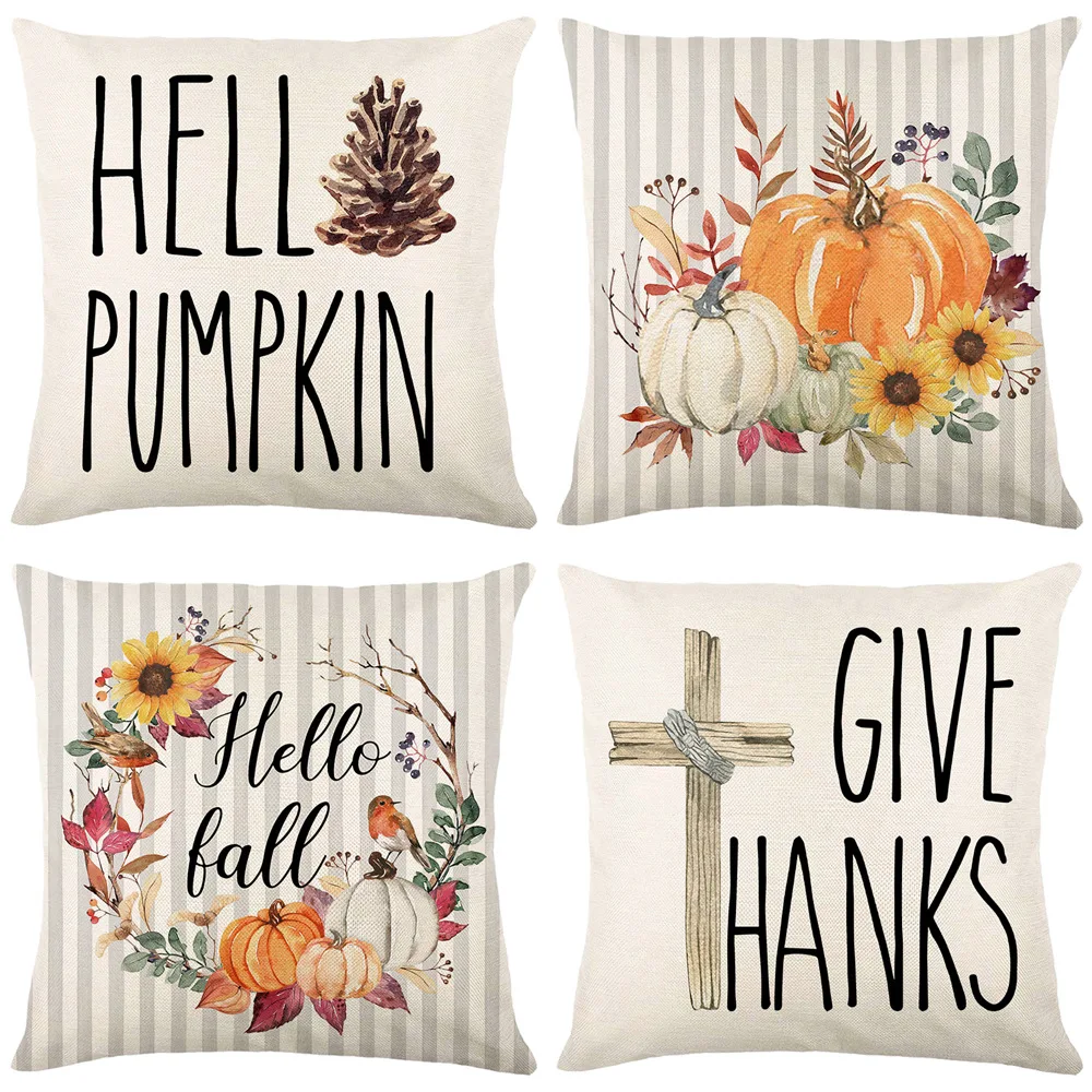 2023 Happy Thanksgiving Decorations Pillow Cover 18x18 Inches Pillows Cushion Cover Pumpkins Sunflowers Stripes Throw Pillowcase