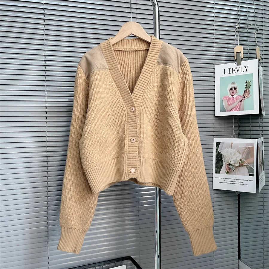 

full sleeves Khaki Color cardigan sweater For Women retro jacket trendy causal Crop Tops lady Jumper coat Jackets