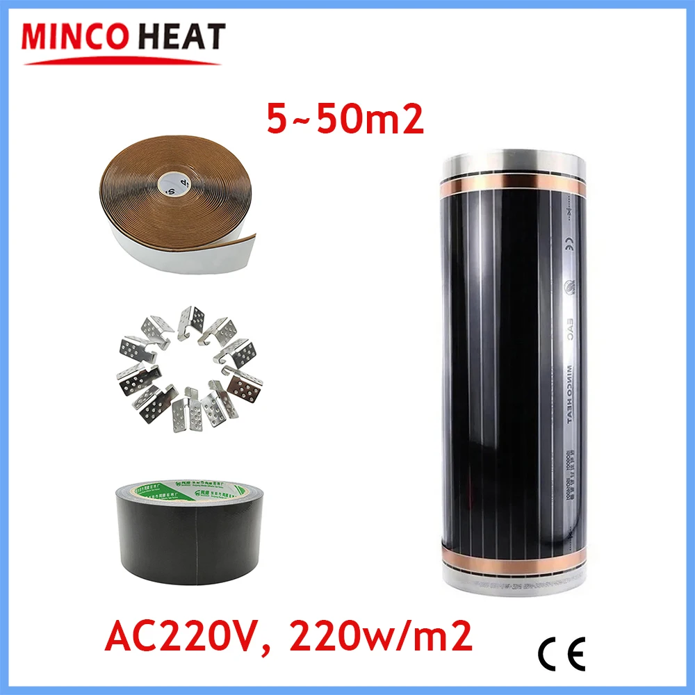 MINCO ความร้อน AC220V 50/80/100 ซม.อินฟราเรด Underfloor ความร้อนฟิล์ม 220 w/m2 Warm Mat พร้อมคลิปและวาง Max 50C 1
