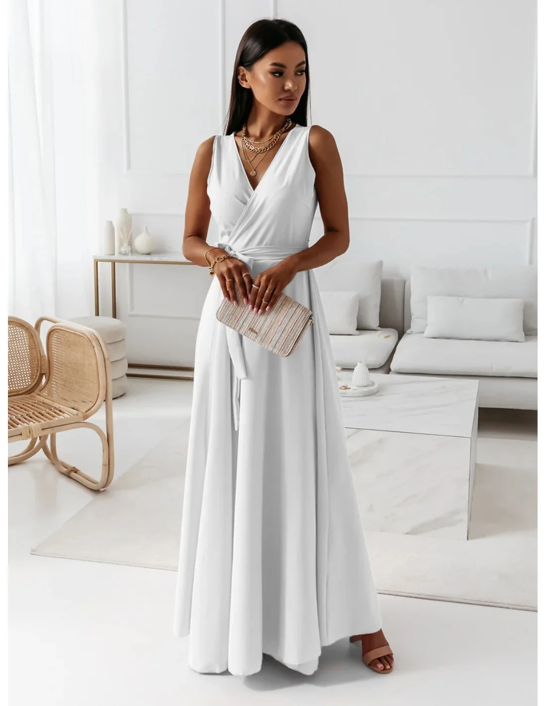 2025 Dresses For Women White Sleeveless Sexy Loose V Neck Solid Color Long Dresses Elegant Party Evening Robe Vestidos