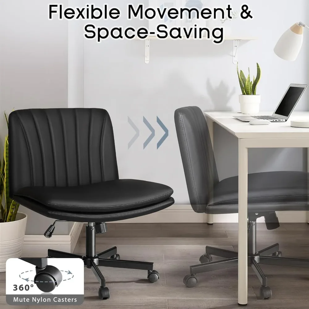 PU Leather Armless Cross Legged Office Desk Chair for Home Office, Modern Swivel Height Adjustable Wide Seat, Offices Chairs 4