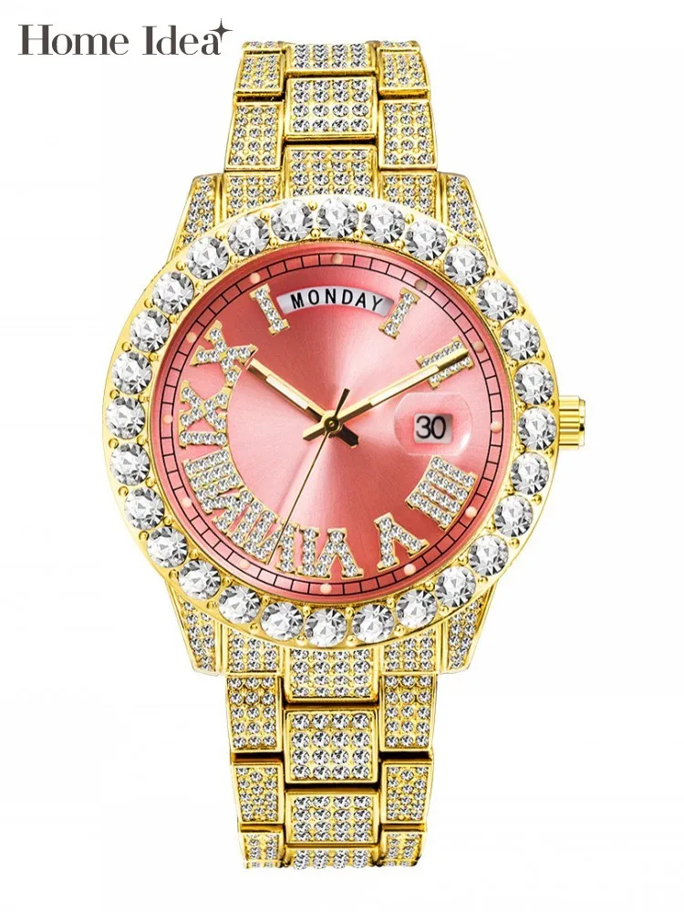 Hot Sale Men Hip Hop Shiny Diamonds Watches Auto Date Week Display Quartz Wristwatches Fashion Business Banquet Watch