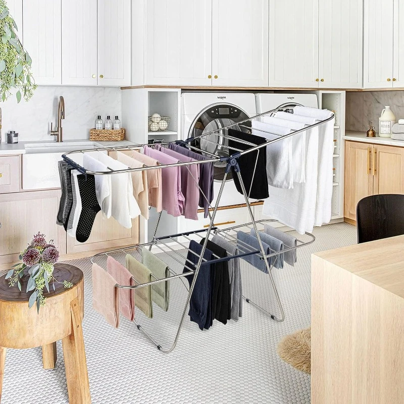 Clothes Drying Rack Foldable - 2 Level Stainless Steel Laundry Drying Rack with Height-Adjustable Wings, 33 Drying Rails 2