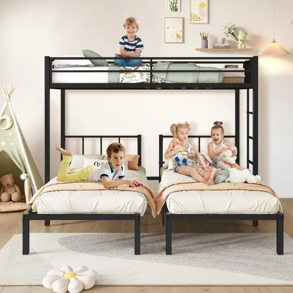 Twin Over Twin & Twin Bunk Beds for 3, Triple Bunk Bed for 3 with Guardrails, Ladder & Upper-Bed Platform, for Children, Teens 3
