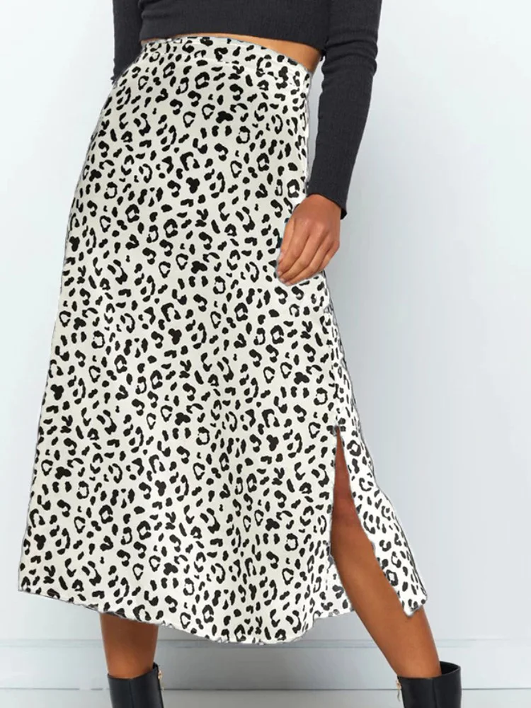 Sexy Leopard Print Chiffon New Summer Fashion Long Skirts for Women Split Casual Spring Zipper White Black Green