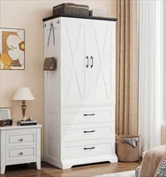 Armoire avec éclairage à détecteur et 3 tiroirs, placard de chambre en bois avec 2 portes et tringle de suspension 2