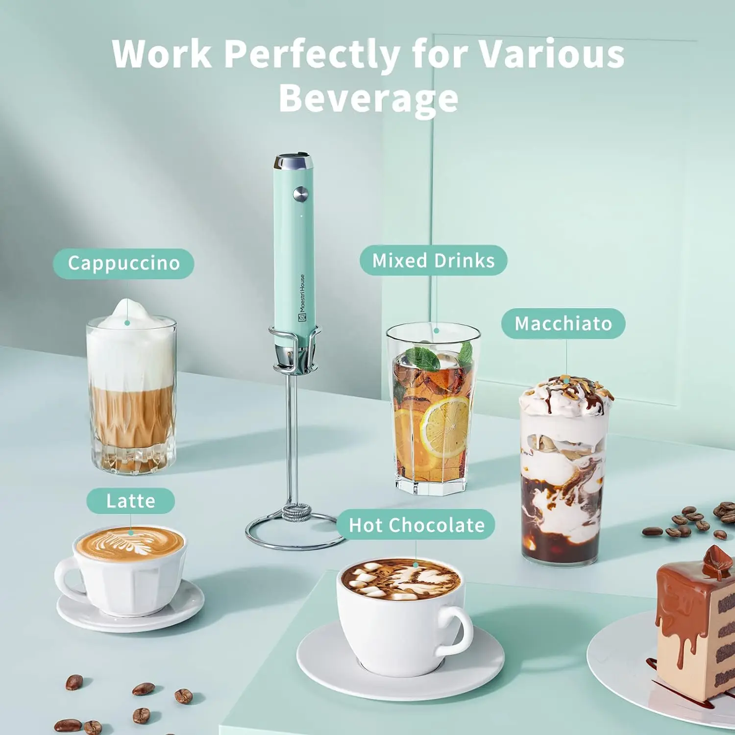 Maestri House Milk Frother USB-C Rechargeable Wireless Handheld Blender for Coffee Lattes Cappuccino Hot Chocolate Foam Maker 2